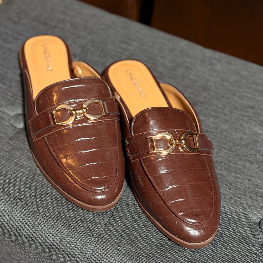 Lane Bryant Brown Croc-Embossed Gold Bit Loafer Flats